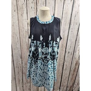 Reborn XL Black Teal Paisley Sleeveless A-Line Tuxedo Pintuck Shirt Dress EUC